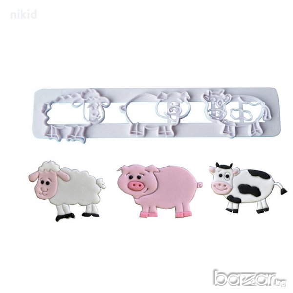 фЕРМА 3 животни прасе крава овца резец пластмасов за тесто бисквитки фондан украса декорация торта, снимка 1