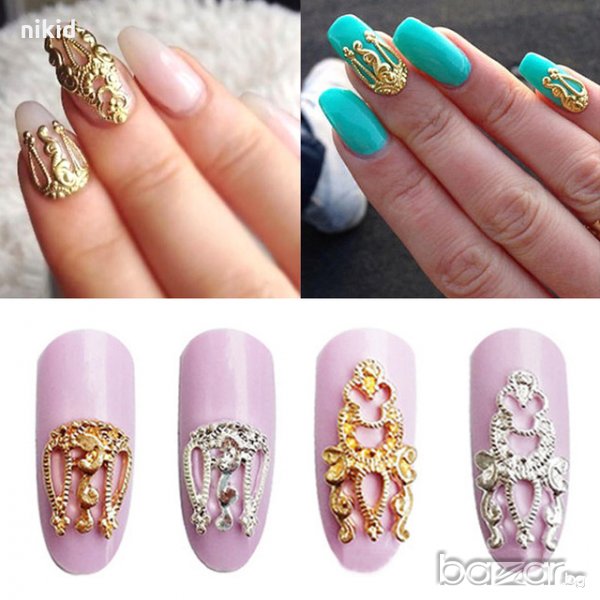 Очарователно дълго късо сребристо и златисто бижу декорация за нокти маникюр, снимка 1