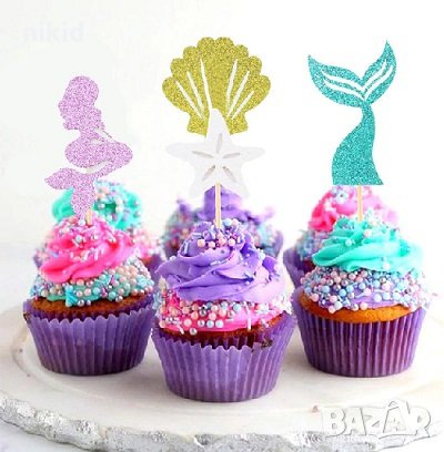 8 бр Малката Русалка Ариел Опашка мида звезда брокатени топер клечки украса торта мъфини морско дън , снимка 1