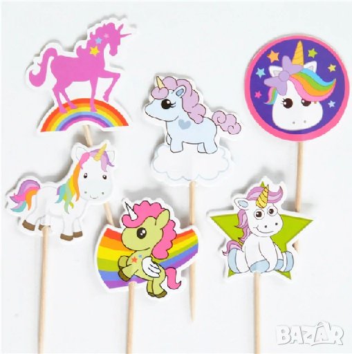 24 бр сладки пъстри пони еднорог Unicorn топер топери клечки за мъфини декорация и украса, снимка 1