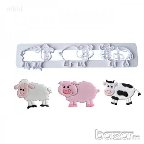 фЕРМА 3 животни прасе крава овца резец пластмасов за тесто бисквитки фондан украса декорация торта