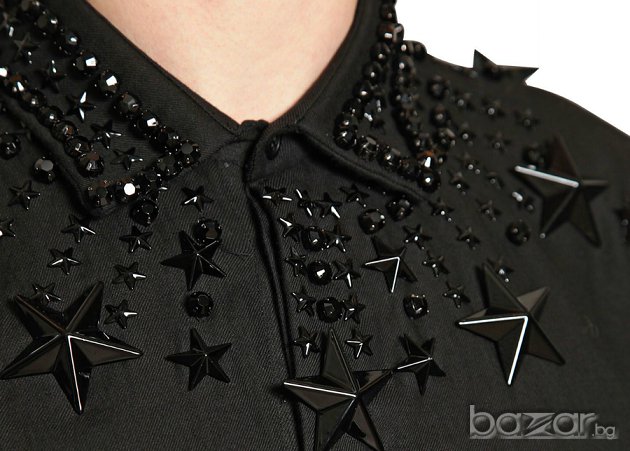 GIVENCHY BLACK STARS AND CRYSTAL BEADS Мъжка Риза с Кристали и Звезди size XS, снимка 2 - Ризи - 6479675
