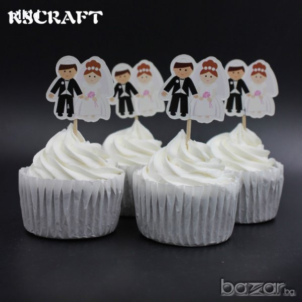 24 бр булка и младоженец сватба топери с клечка украса декорация за мъфини кексчета торта , снимка 1