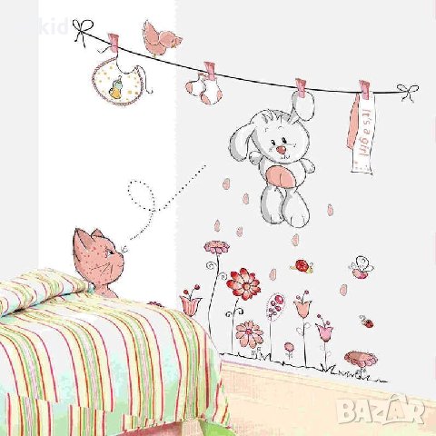 Котенце и зайче детски бебешки стикер за детска стая за стена и мебел самозалепващ, снимка 1