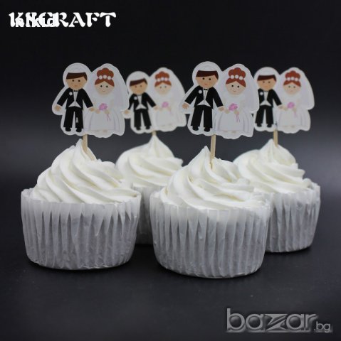 24 бр булка и младоженец сватба топери с клечка украса декорация за мъфини кексчета торта 