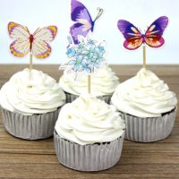 24 бр пеперуда пеперуди и сини цветя картонени топери клечки украса декор за кексчета мъфини , снимка 1 - Други - 24569438