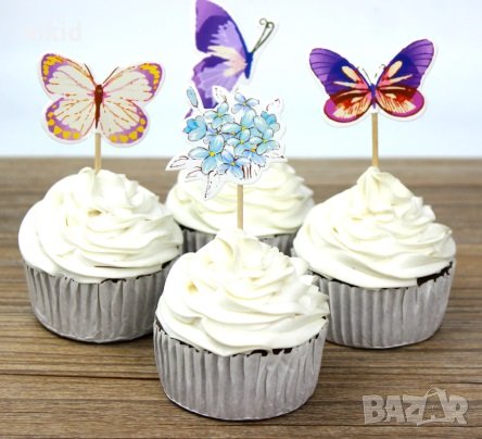 24 бр пеперуда пеперуди и сини цветя картонени топери клечки украса декор за кексчета мъфини , снимка 1