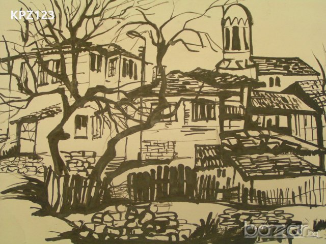 Картина "Селски пейзаж с църква"