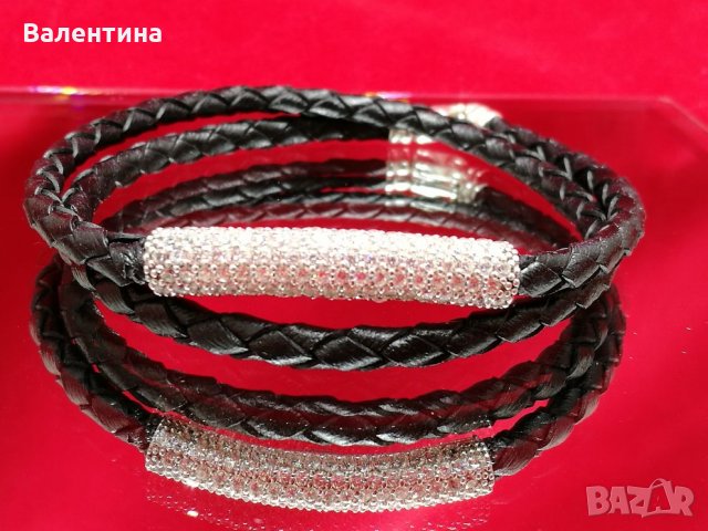 Лусксозна дамска 2 в 1 черна двойна кожена гривна/ гердан със сребърен елемент и цирконий + ПОДАРЪК, снимка 2 - Гривни - 22264634