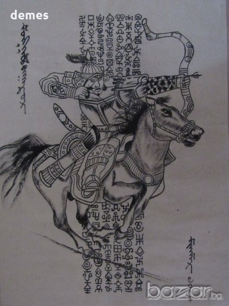 Картина Чингиз хан на кон върху оризова хартия от Монголия, снимка 1