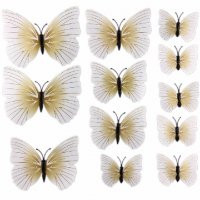 3D 12 бр pvc бели със златно магнитни и самозалепващи пеперуди декорация за стена и мебел, снимка 1 - Други - 25986885