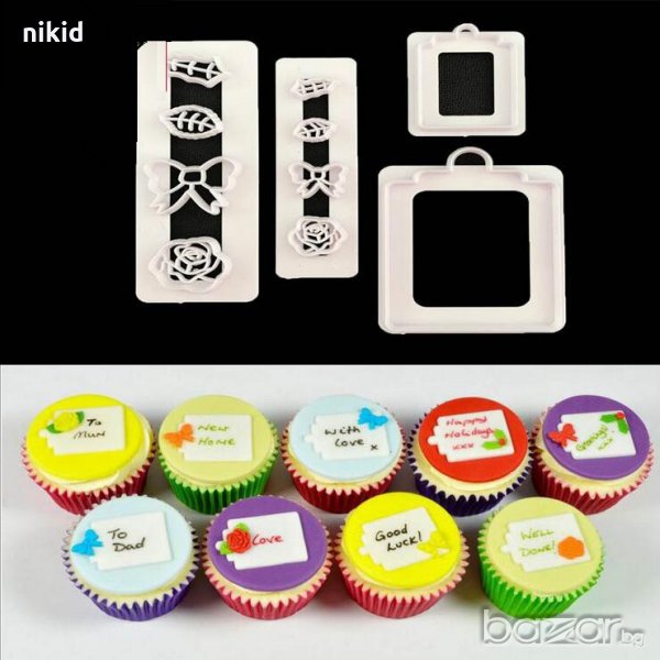 сет 4бр Рамки табели листенца панделки и цвете резци за декорация украса фондан мъфини сладки торта, снимка 1