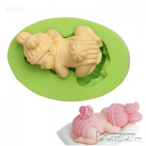 3D бебе с плетени заешки уши ушички шапчица и гащички опашле силиконов молд фондан гипс свещ торта 