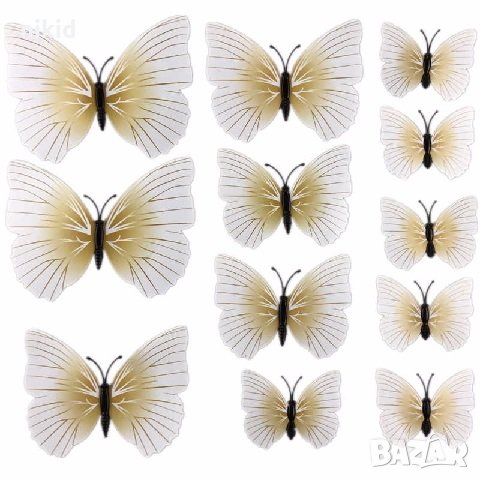 3D 12 бр pvc бели със златно магнитни и самозалепващи пеперуди декорация за стена и мебел