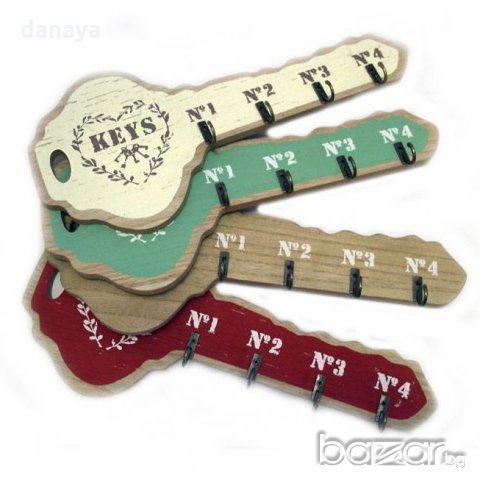 Декоративна дървена закачалка за ключове с форма на ключ в стил винтидж, снимка 1 - Декорация за дома - 20700642