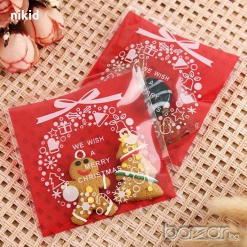 50 Коледен венец червен зелен бял новогодишни опаковъчни пликчета торбички за дребни сладки подаръци, снимка 2 - Други - 20618944