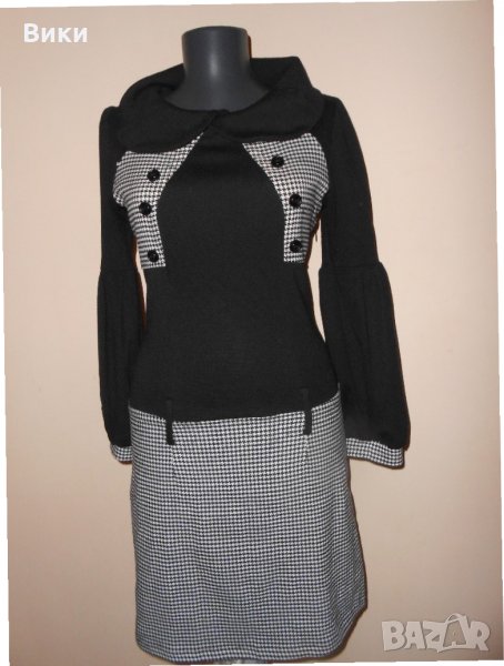 Черна рокля  с пепит панел в черно и бяло и буфан ръкав , снимка 1