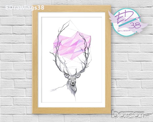 Рисунка Арт принт "Dear" / елен, сърце, любов, розово, снимка 6 - Картини - 20584163