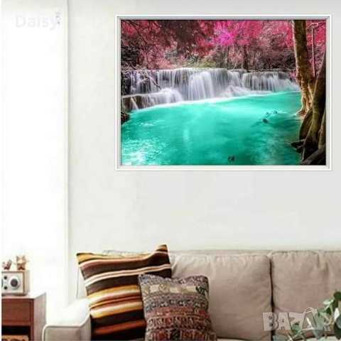 Диамантен гоблен"Водопад с розова гора", снимка 2 - Гоблени - 25635616