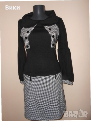 Черна рокля  с пепит панел в черно и бяло и буфан ръкав , снимка 1