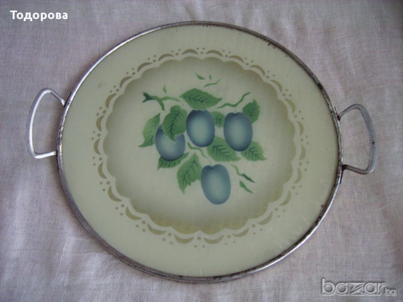 Старинен поднос-стъкло и метал., снимка 1