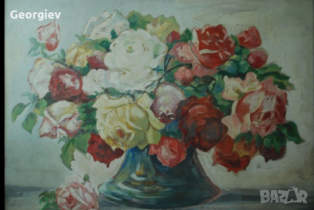 Стара картина,ваза с цветя, български автор, 1950-те год., снимка 2 - Вази - 22823989