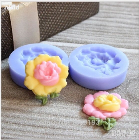 Разтворено цвете роза с дръжка силиконов молд форма тесто декорация шоколад фондан украса, снимка 1