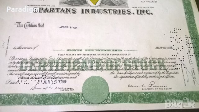 Сертификат за 100 акции (САЩ) | Spartans Industries, INC. | 1969г., снимка 2 - Нумизматика и бонистика - 25233300