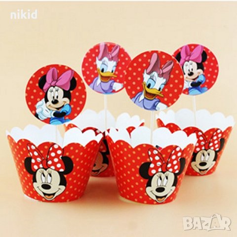 Мини Маус и Дейзи червени 12 бр топери и кошнички украса декорация за мъфини кексчета парти