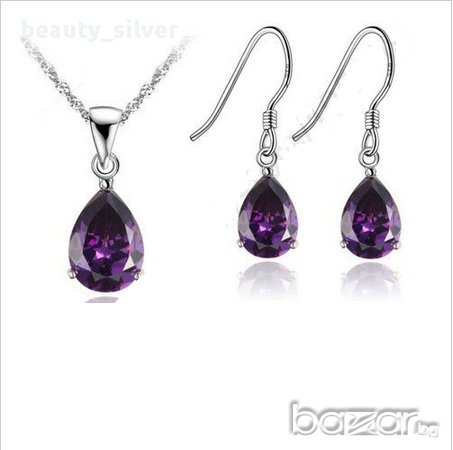Сребърни обеци и колие Проба 925 с лилав Цирконий, код 0711