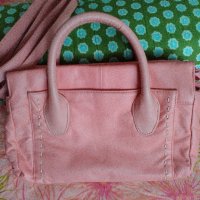 Розова чанта, естествена кожа, Domo, коралова, средна, като нова, снимка 2 - Чанти - 9466225