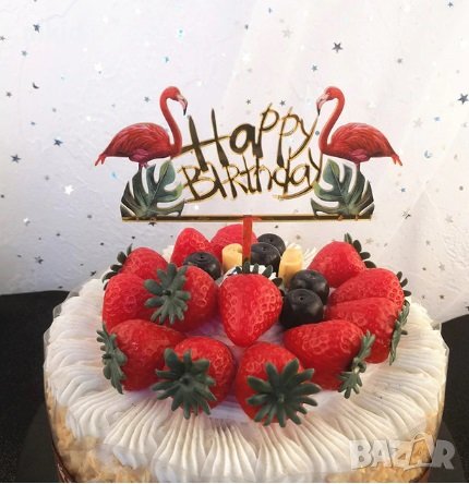 2 фламинго и хавайски листа Happy Birthday Златист твърд Акрил топер за торта украса, снимка 1