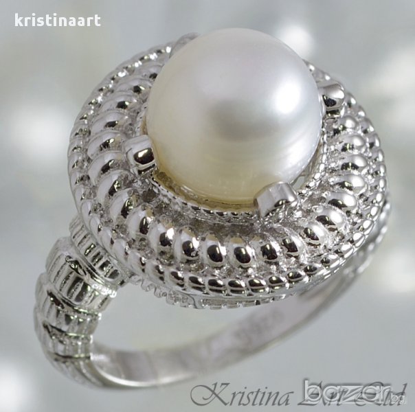 Сребърен пръстен с бяла естествена перла , снимка 1