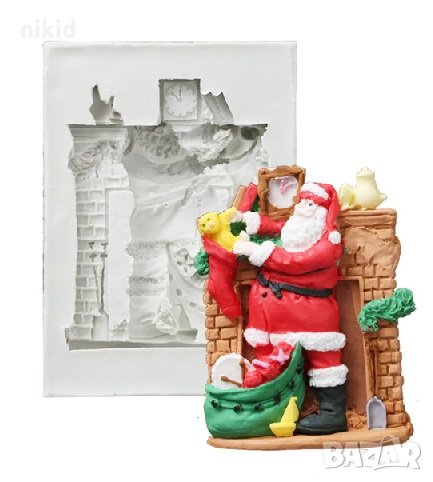 Дядо Коледа пред камина голям силиконов молд форма декорация торта фондан шоколад гипс и др., снимка 1