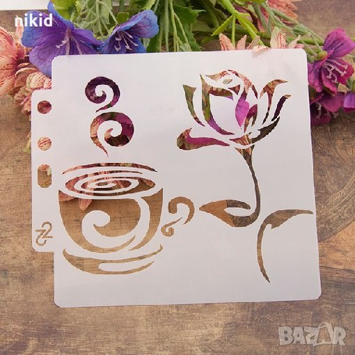 Чаша кафе и роза стенсил шаблон за спрей за торта украса кекс декорация с пудра захар, снимка 1