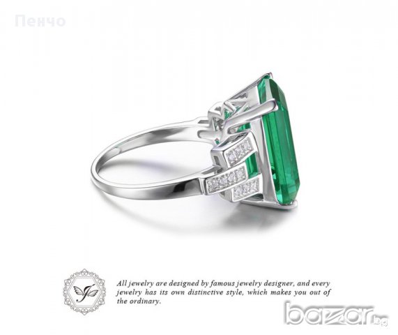 Посребрен дамски пръстен със зелен камък, фини кралски бижута със цирконии  , снимка 4 - Пръстени - 17414209