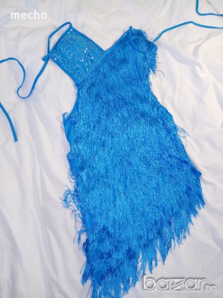 Синя асиметрична рокля с ресни и ниска талия, снимка 1