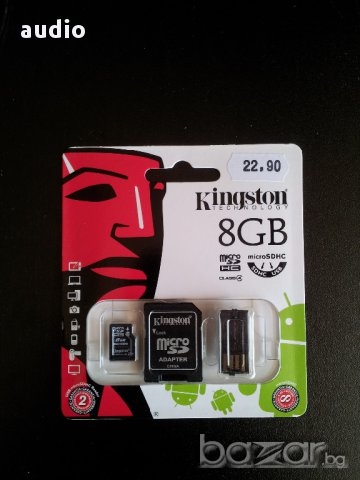 Продавам карта памет Kingston 8GB Micro SDHC Class 4 with SDHC adapter, microSDHC card reader