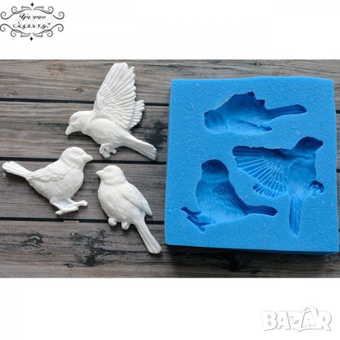 3 птици врабчета силиконов молд форма за декорация торта фондан шоколад и др, снимка 1 - Форми - 22193452