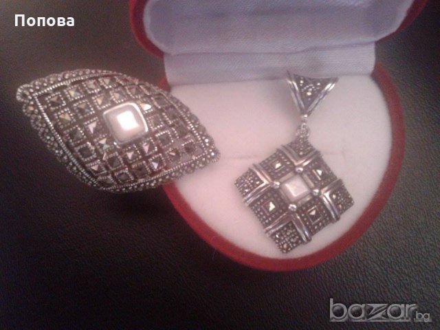 Уникален сребърен медальон  с марказити и седеф , снимка 3 - Бижутерийни комплекти - 19124811