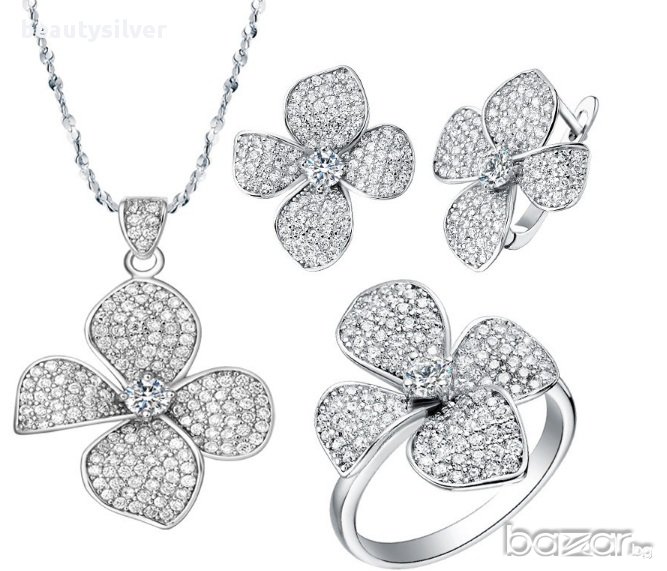 Сребърни обеци, колие и пръстен с малки бели Цирконий, код 1275, снимка 1