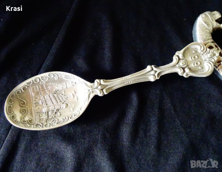 Калаена лъжица от 1991 г.,гравиран замък,калаена сватба., снимка 1