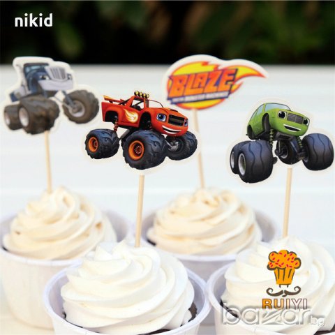 Пламъчко и машините Blaze and the monster 24 бр топери топер клечки за мъфини декорация и украса
