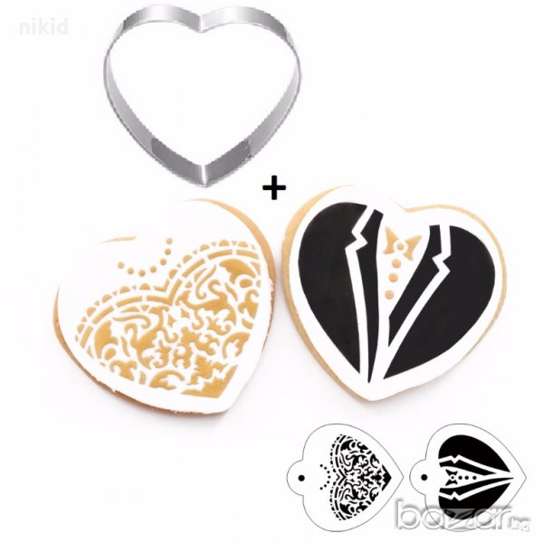 2 шаблона Тя и Той младоженци сватбени + метален резец сърце и стенсил за бисквитки декорация сватба, снимка 1
