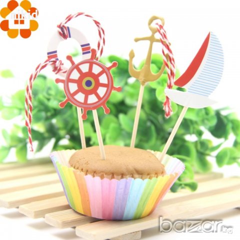 котва рул лодка пояс морски 24 бр топер клечки за мъфини декорация и украса