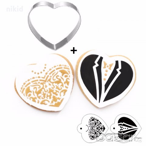 2 шаблона Тя и Той младоженци сватбени + метален резец сърце и стенсил за бисквитки декорация сватба