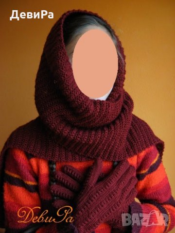 Комплект - плетени ръкавици и шал ,,Зима в бордо", снимка 1 - Шапки - 23741329