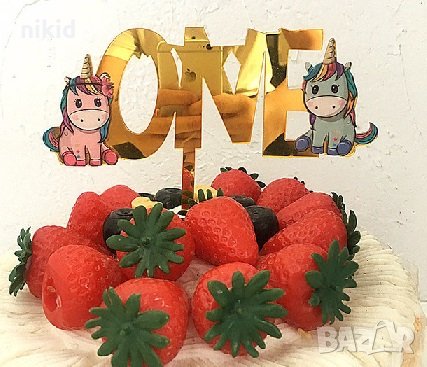ONE 1 година Еднорог рожден ден Златист твърд Акрил топер за торта украса декорация, снимка 1