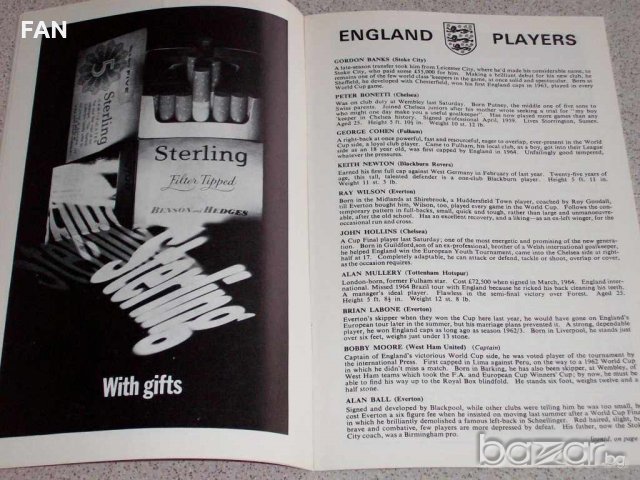 Англия - Испания оригинална футболна програма от 1967 г. , снимка 2 - Други ценни предмети - 20543847