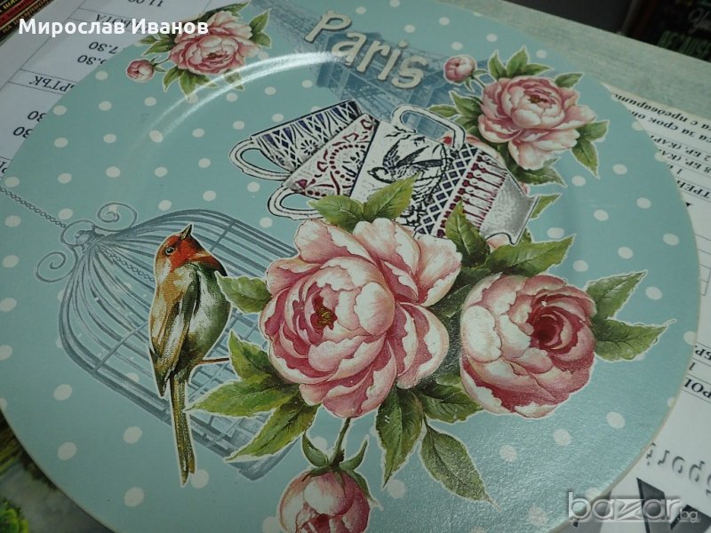 кръгъл ретро поднос с рози, снимка 1